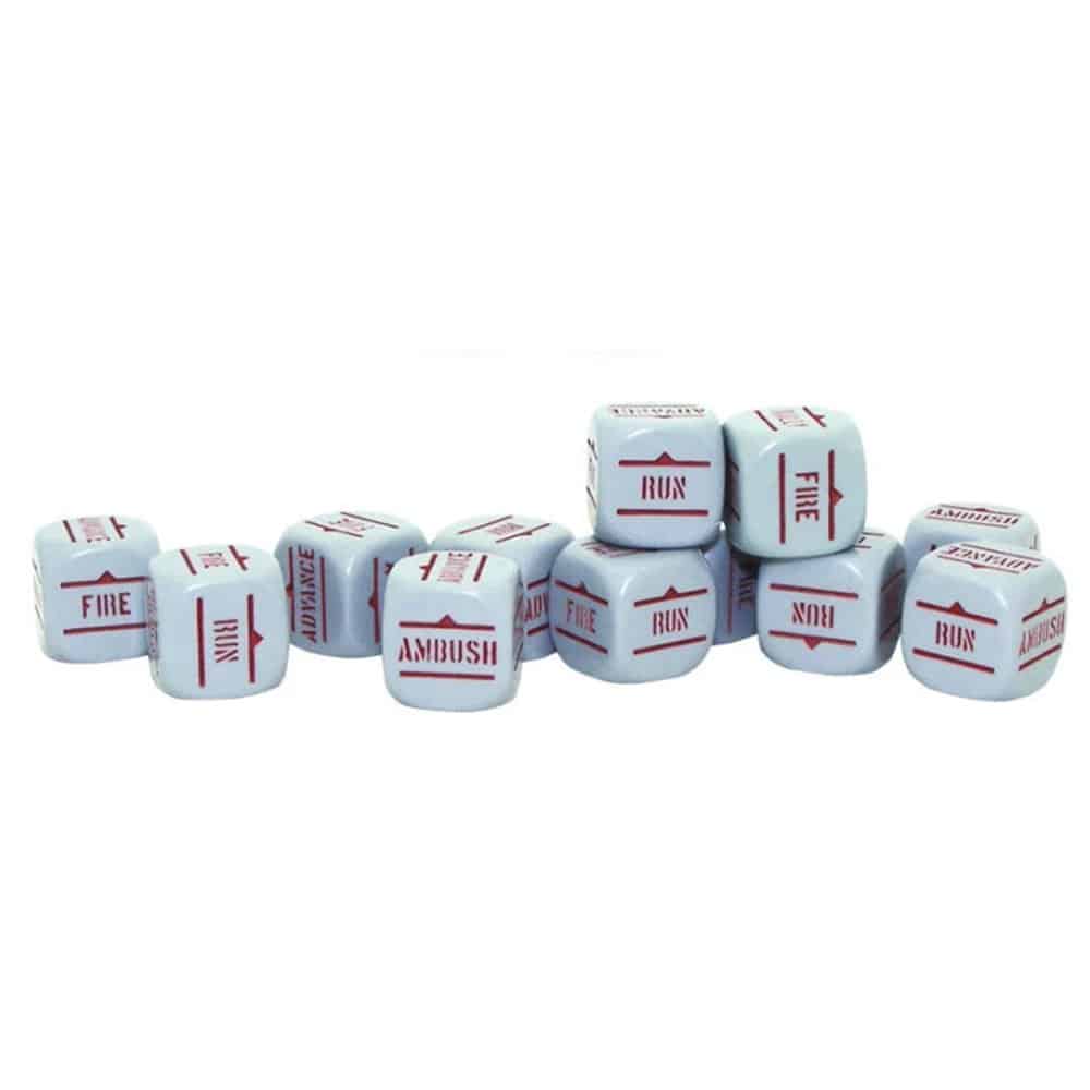 Bolt Action Orders Dice Grey with Red Writing (12)